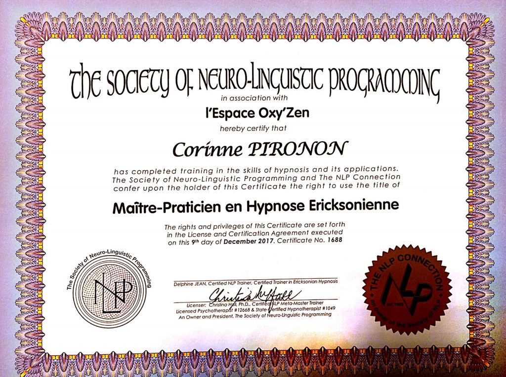 corinne pironon diplome hypnose ericksonienne
